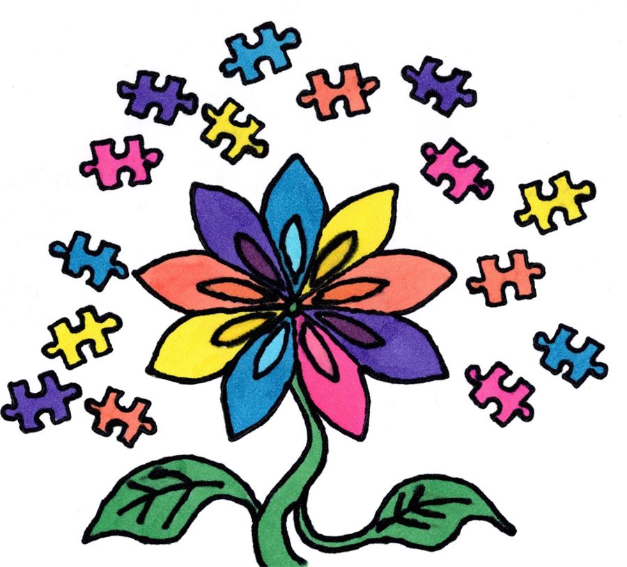 Getekende bloem met gekleurde puzzelstukjes eromheen